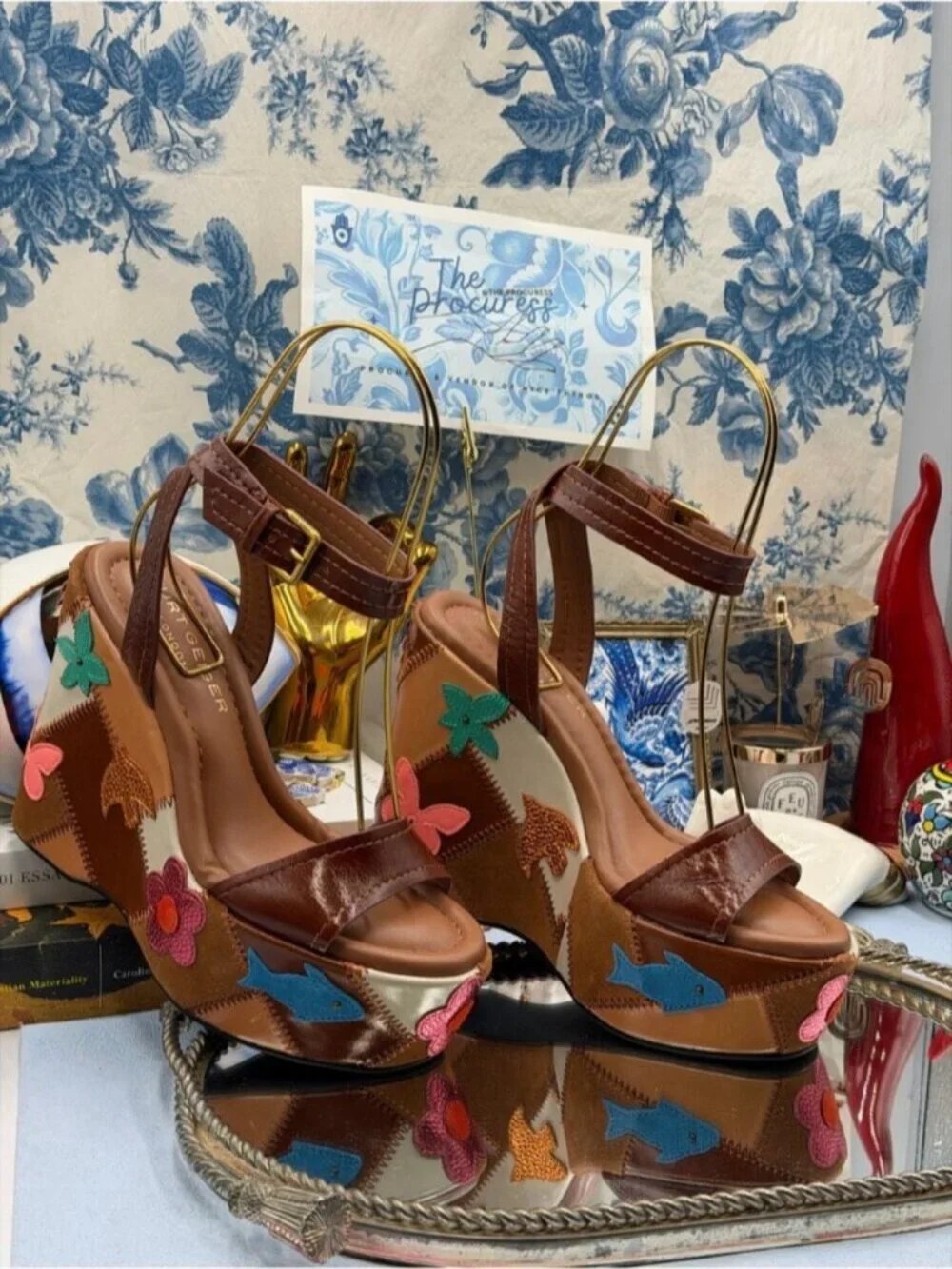 🆕 KURT GEIGER LONDON 🧿 NWOB Patchwork Platform Wedge Heel, Brown - Sz 37 US 7